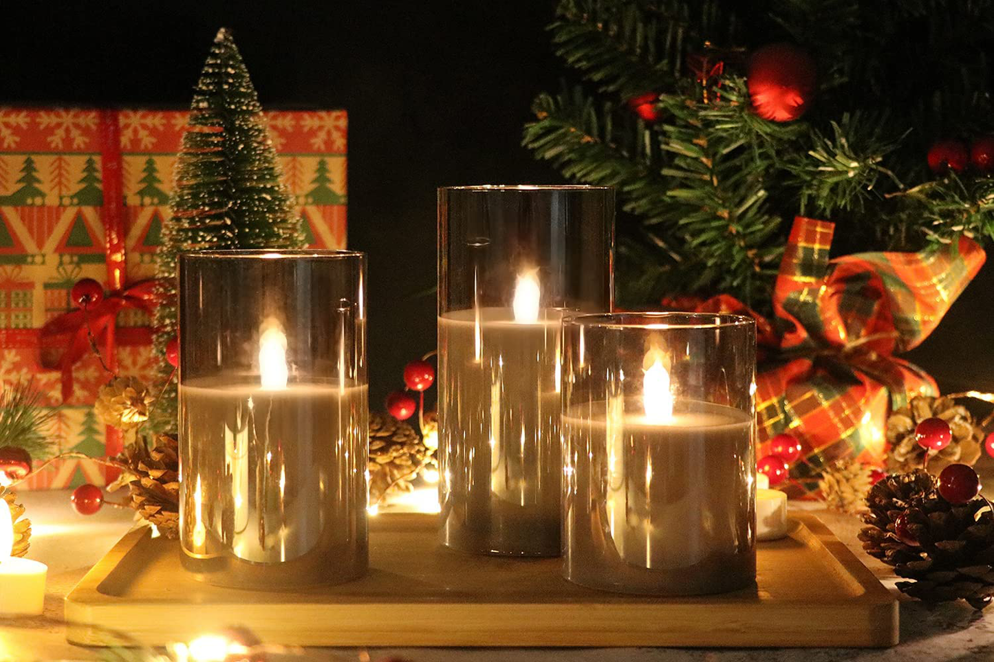 Genswin Gray Glass Flameless LED Candles – Set of 3 with Remote & Timer