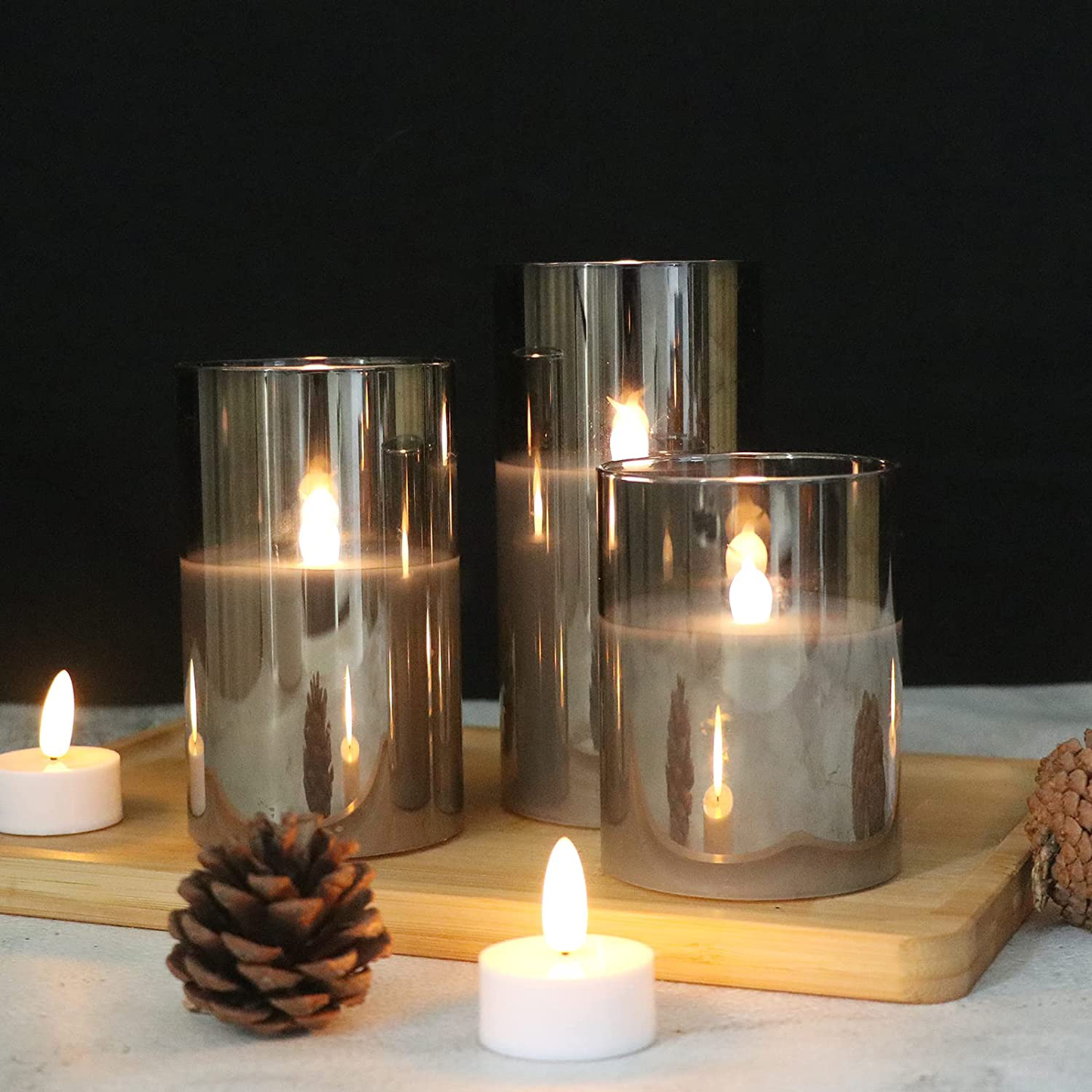 Genswin Gray Glass Flameless LED Candles – Set of 3 with Remote & Timer