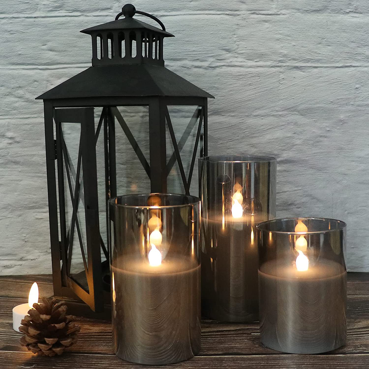 Genswin Gray Glass Flameless LED Candles – Set of 3 with Remote & Timer