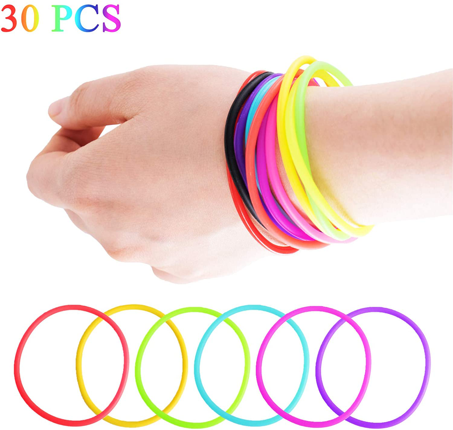 80’s Party Bracelets – Rainbow Silicone Glow Wristbands (30PCS)