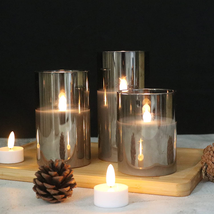 Genswin Gray Glass Flameless LED Candles – Set of 3 with Remote & Timer
