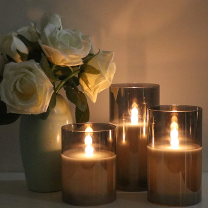 Genswin Gray Glass Flameless LED Candles – Set of 3 with Remote & Timer