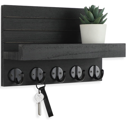 Wall Key & Mail Holder with Shelf – Large Hooks