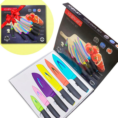 Kitchen Knife Set – 12 Pcs Rainbow Titanium with Blade Guards