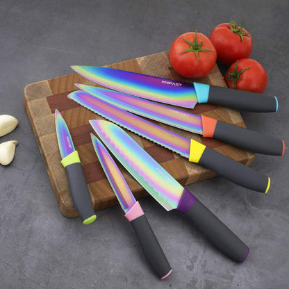 Kitchen Knife Set – 12 Pcs Rainbow Titanium with Blade Guards
