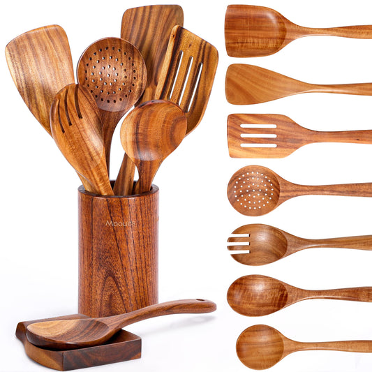 9 Piece Natural Teak Wooden Kitchen Utensil Set with Spoon Rest
